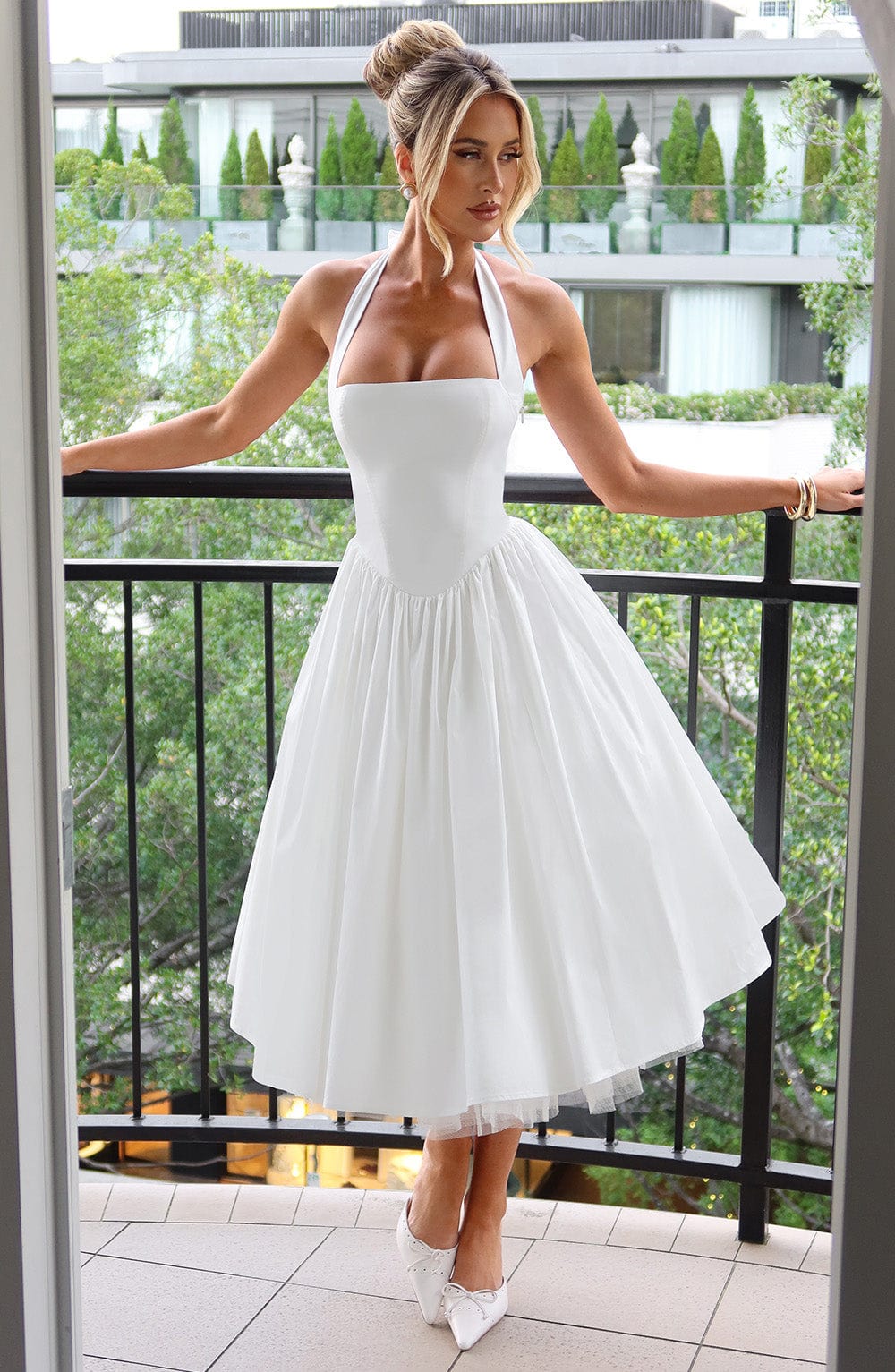 Gabrielle | Elegant White Formal Wedding Guest Dress in A Line Midi Style