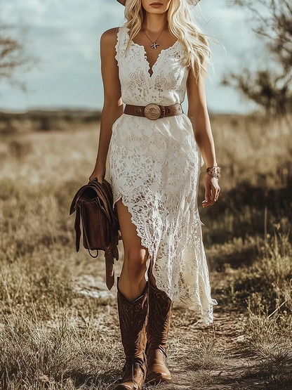 Elegant White Lace Midi Dress for Women with Scalloped V-Neck Asymmetric Hem