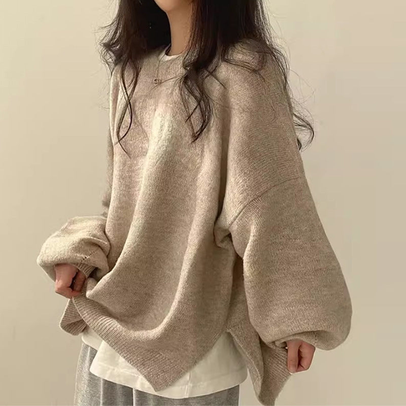 Comfortable Oversized Sweater for Women with Crew Neck Balloon Sleeve Ribbed Cuff Relaxed Knit Style