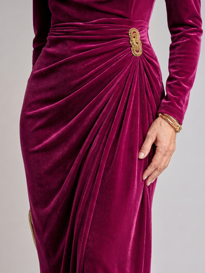 Elegant Midi Dress for Women with Cowl Neck Long Sleeve Velvet Draped Brooch Waist Formal Wedding Guest Style
