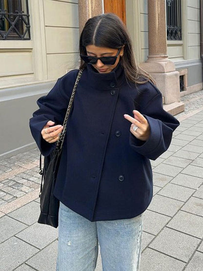 Elegant Wool Jacket for Women with Funnel Neck Long Sleeve Oversized Cropped Casual Style