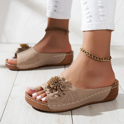 Comfortable Orthopedic Sandals for Women with Flower Detail Perforated Upper Wedge Platform Slip On Casual Style