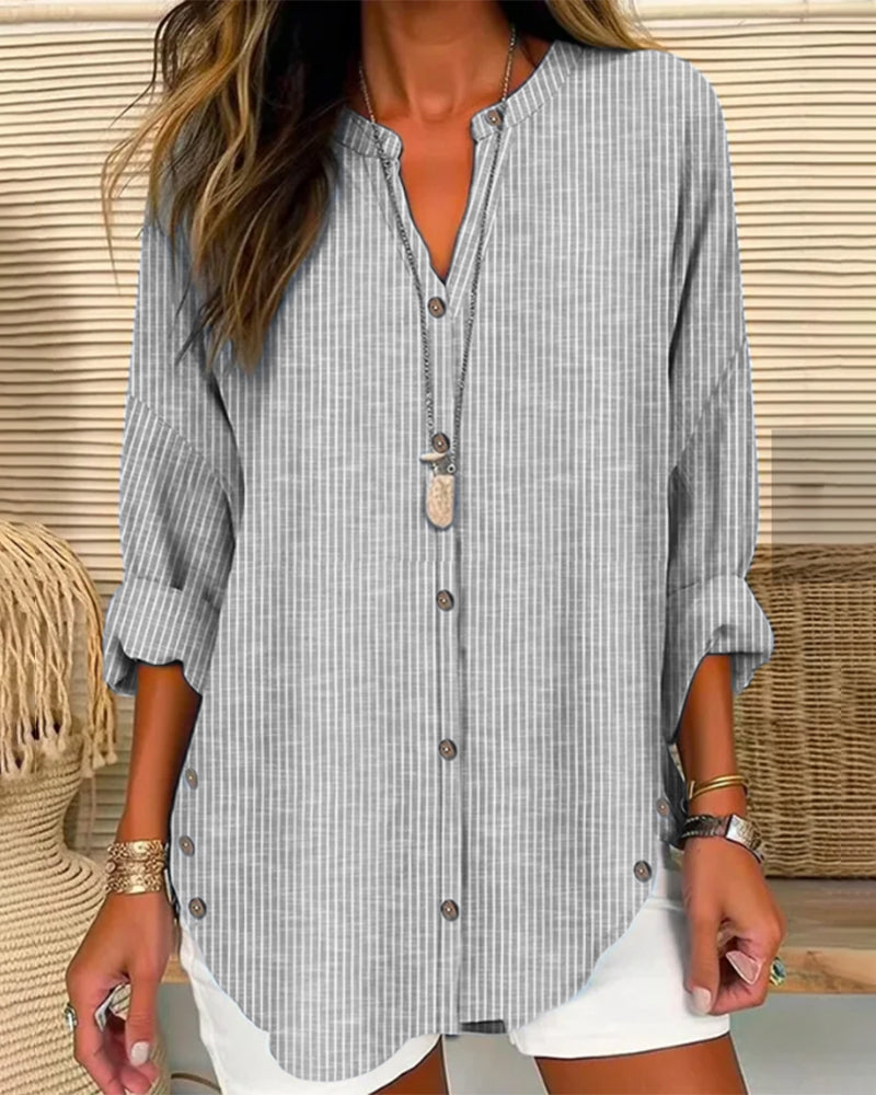 Effortless Striped Linen Shirt for Women with V Neck Long Sleeve Curved Hem Relaxed Style