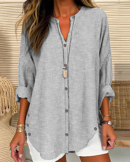 Effortless Striped Linen Shirt for Women with V Neck Long Sleeve Curved Hem Relaxed Style