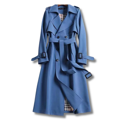 Elegant Trench Coat for Women with Notched Lapel Long Sleeve Belted Double Breasted Style