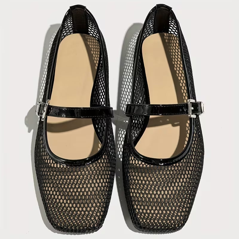Comfortable Mary Jane Shoes for Women with Square Toe Mesh Strap Flat Breathable Style