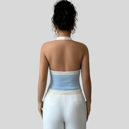 Effortless Blue and White Colorblock Halter Top for Women with High Neck Button Front Cropped Knit Style