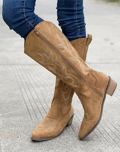 Stylish Embroidered Cowboy Boots for Women with Pointed Toe Stacked Heel Western Style
