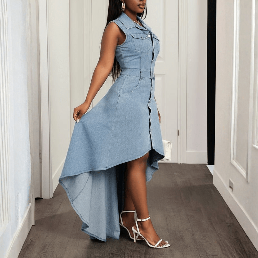 Elegant Blue Denim Maxi Dress for Women with Collared Sleeveless Button Front High Low Style