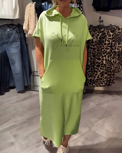 Comfortable Orange Hoodie Midi Dress for Women with Drawstring Hood Short Sleeve Kangaroo Pocket Relaxed Style