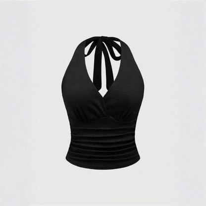 Effortless Ruched Halter Top for Women with V Neck Sleeveless Wrap Bodycon Style