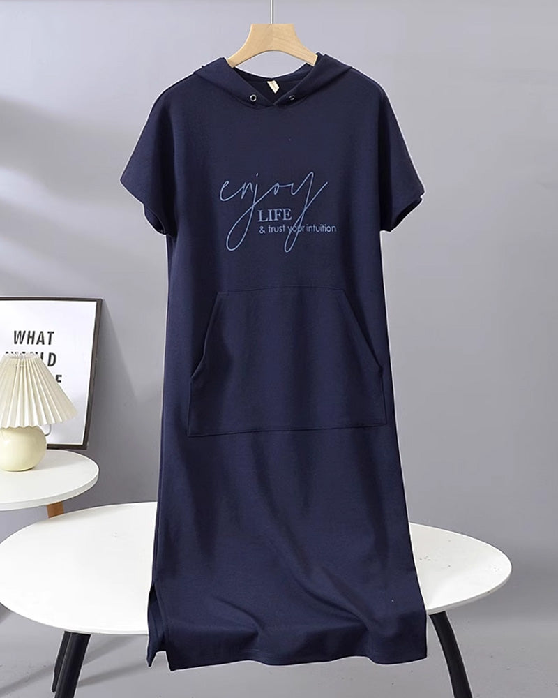 Comfortable Orange Hoodie Midi Dress for Women with Drawstring Hood Short Sleeve Kangaroo Pocket Relaxed Style