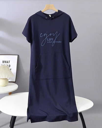 Comfortable Orange Hoodie Midi Dress for Women with Drawstring Hood Short Sleeve Kangaroo Pocket Relaxed Style