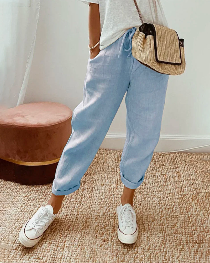 Effortless Linen Tapered Pants for Women with High Waist Drawstring Relaxed Cuffed Hem Casual Style