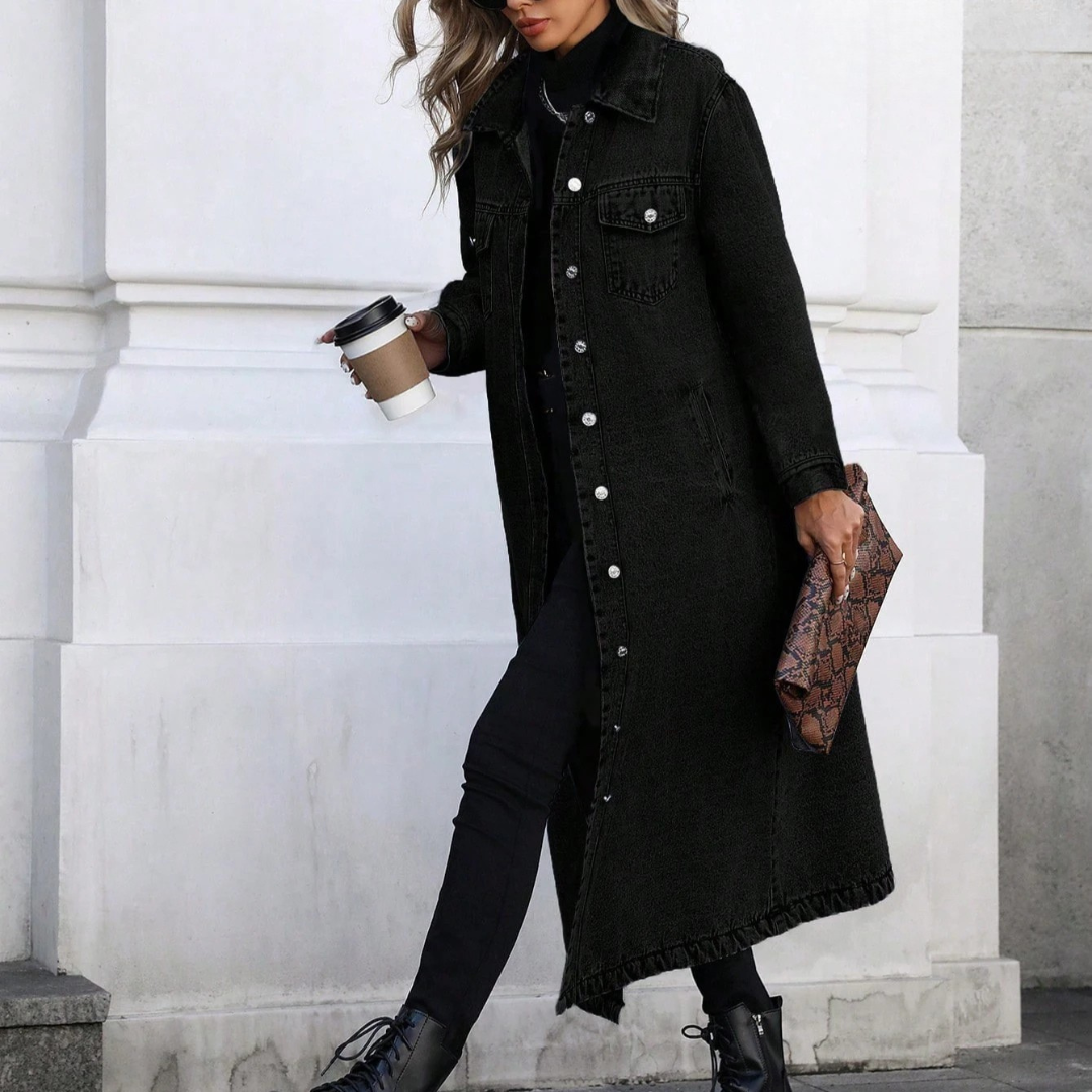 Effortless Denim Jacket for Women with Collar Long Sleeve Button Front Longline Relaxed Style