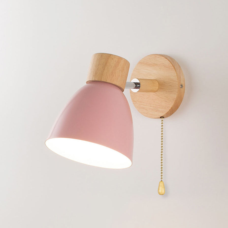 Macaron Wall Lamp Wood Metal Adjustable Shade Pull-Chain Nordic Bedside Sconce Wall Light