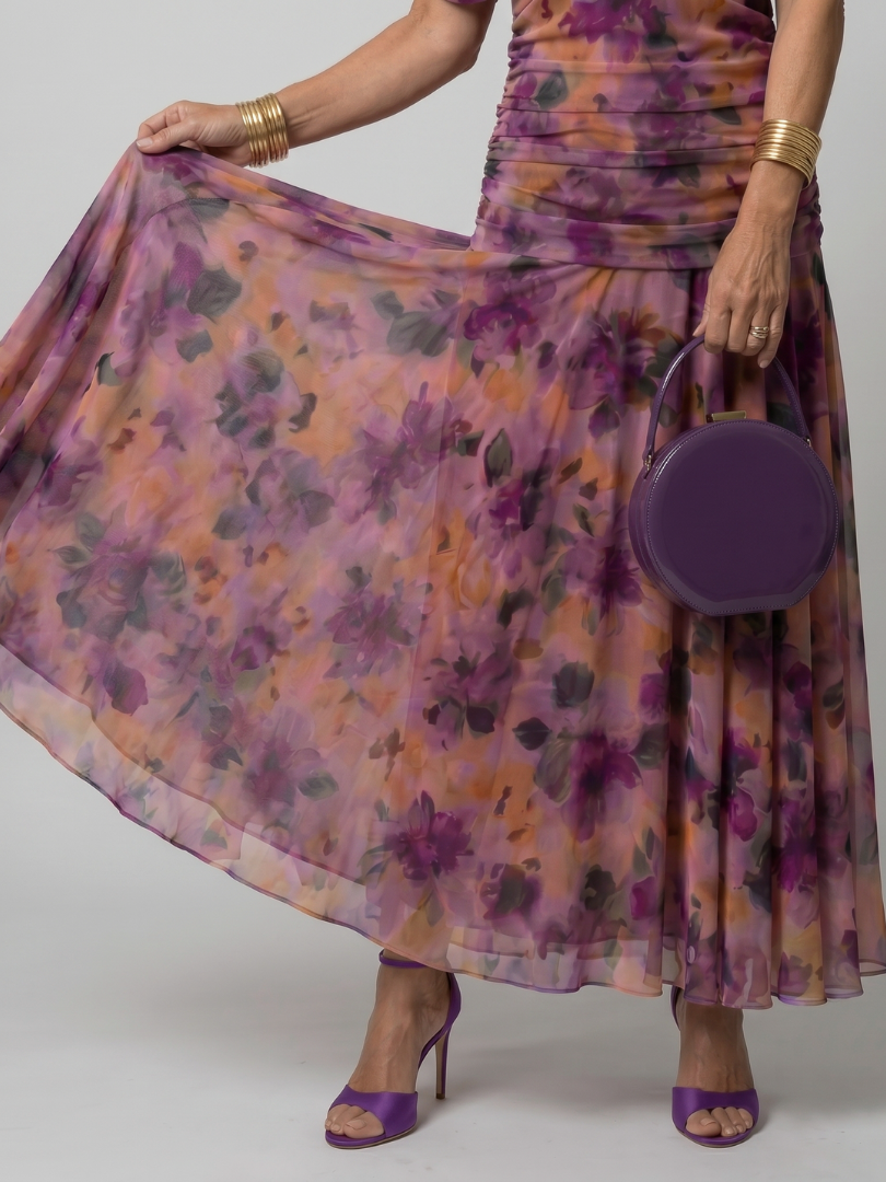 Elegant Purple Dress for Women with V Neck Flutter Sleeve Floral Ruched Maxi Wedding Guest Style