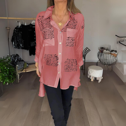Effortless Script Print Shirt for Women with Collar Long Sleeve Oversized Casual Style