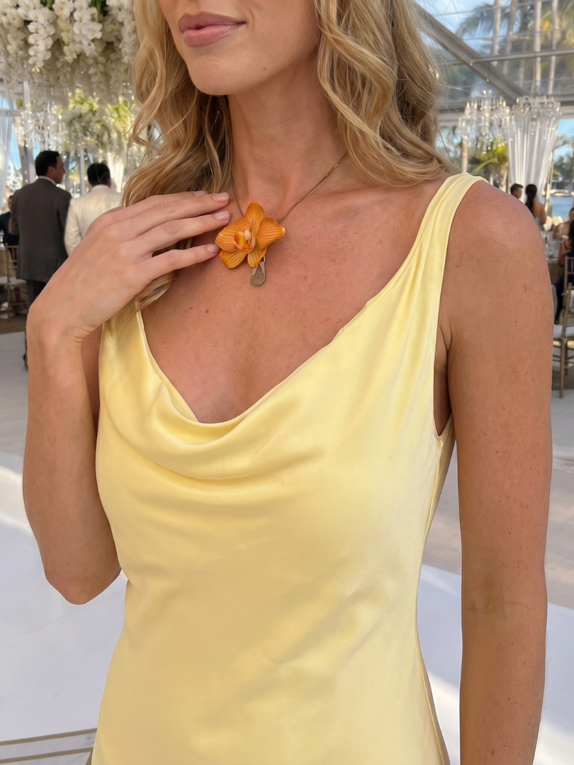 Elegant Yellow Dress for Women with Cowl Neck Sleeveless Satin Maxi Flowing Wedding Guest Style