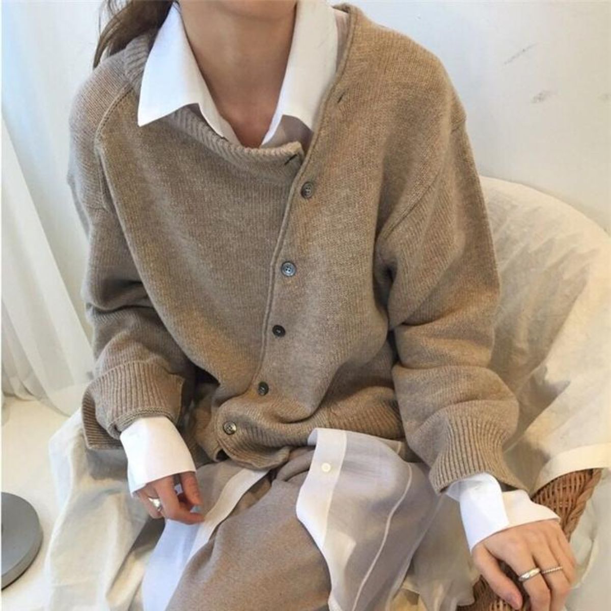 Cozy Oversized Knit Cardigan for Women with Round Neck Long Sleeve Button Front Relaxed Style