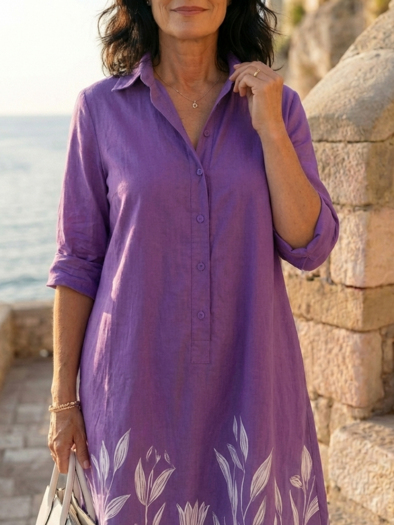 Elegant Purple Dress for Women with Collar Long Sleeve Floral Print Button Front Midi Style
