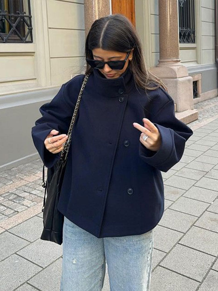Elegant Wool Pea Coat for Women with Stand Collar Long Sleeve Oversized Button Front Winter Style