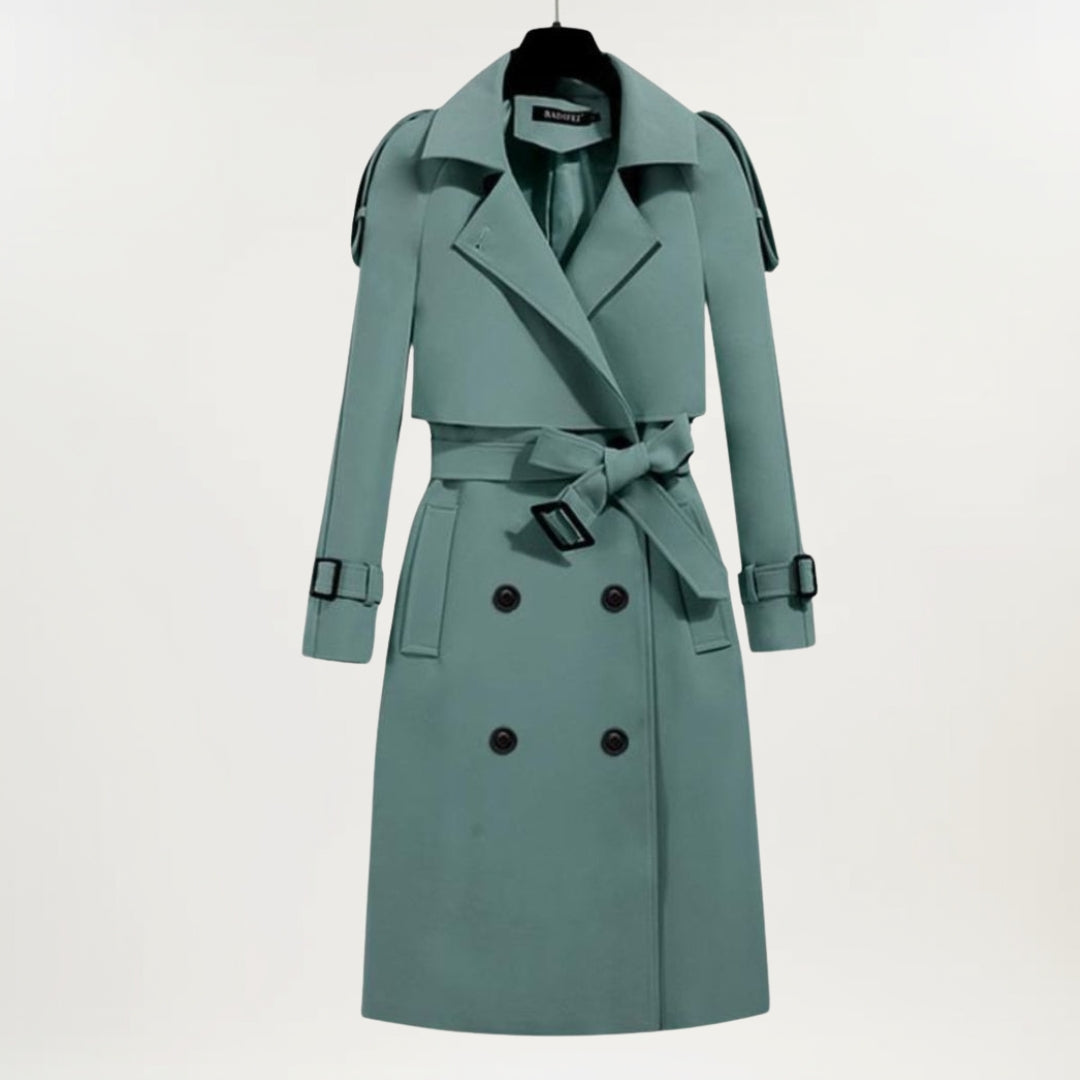 Elegant Longline Trench Coat for Women with Lapel Collar Long Sleeve Belted Double Breasted Style