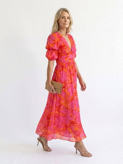 Elegant Pink Orange Floral Fall Wedding Guest Dress for Women with V Neck Puff Sleeve Button Front Flowing Style