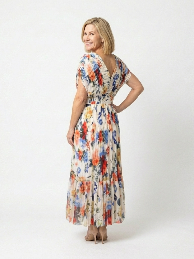 Elegant Ivory Floral Pleated Fall Wedding Guest Dress for Women with V Neck Dolman Sleeve Tiered Ruffle Flowing Style