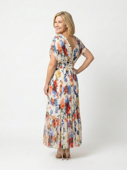 Elegant Ivory Floral Pleated Fall Wedding Guest Dress for Women with V Neck Dolman Sleeve Tiered Ruffle Flowing Style