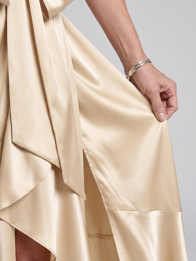 Elegant Champagne Satin Cocktail Dress for Women with Halter Neck Sleeveless Wrap High Low Style