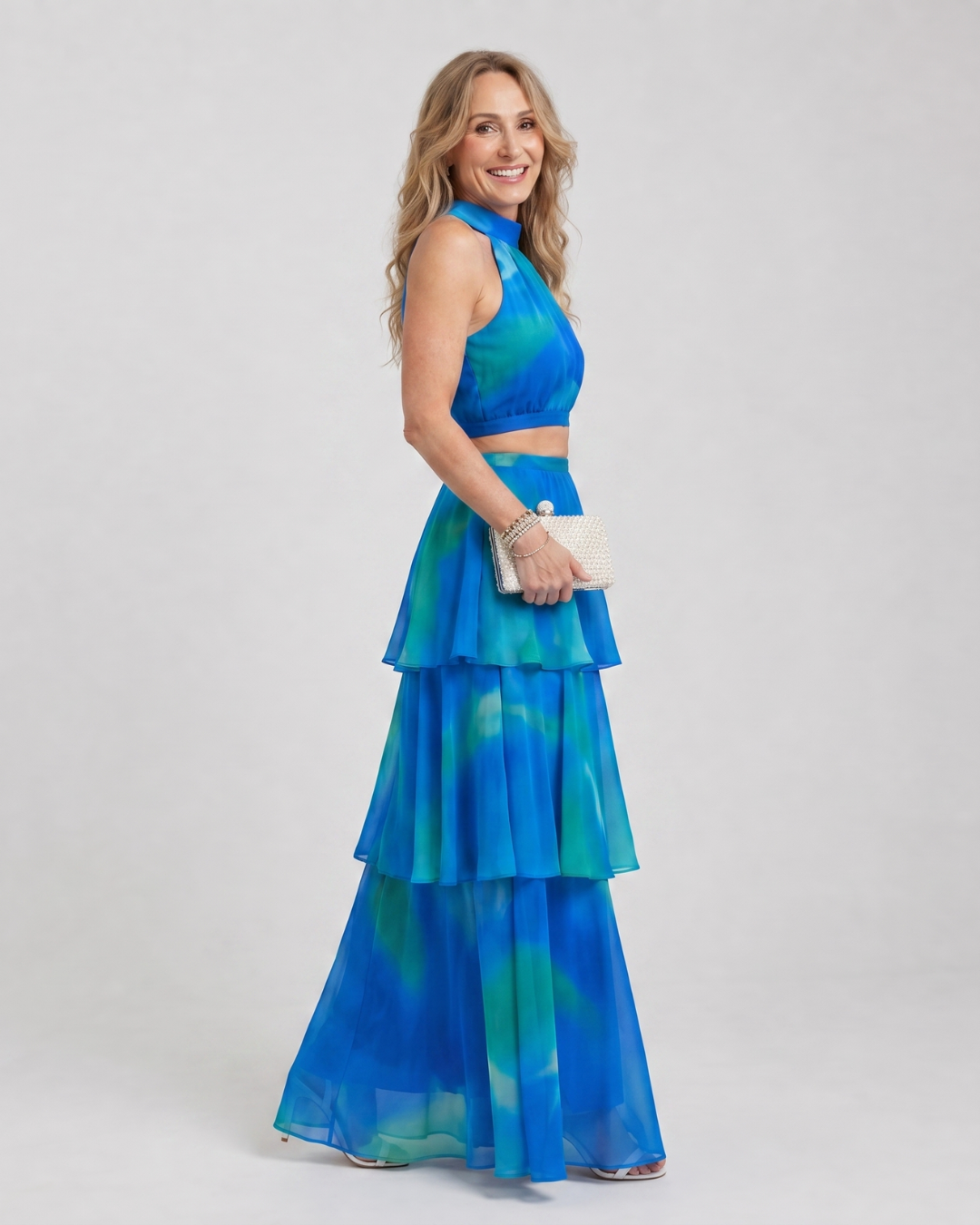 Elegant Blue Tie Dye Two Piece Set for Women with Halter Neck Tiered Ruffle Maxi Skirt Wedding Guest Style