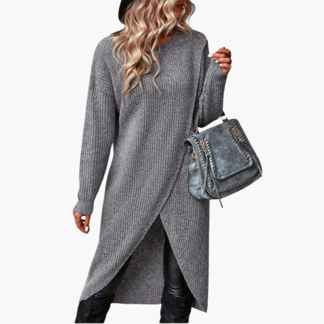 Cozy Grey Sweater Dress for Women with Crew Neck Long Sleeve Knit Wrap Front Tunic Style