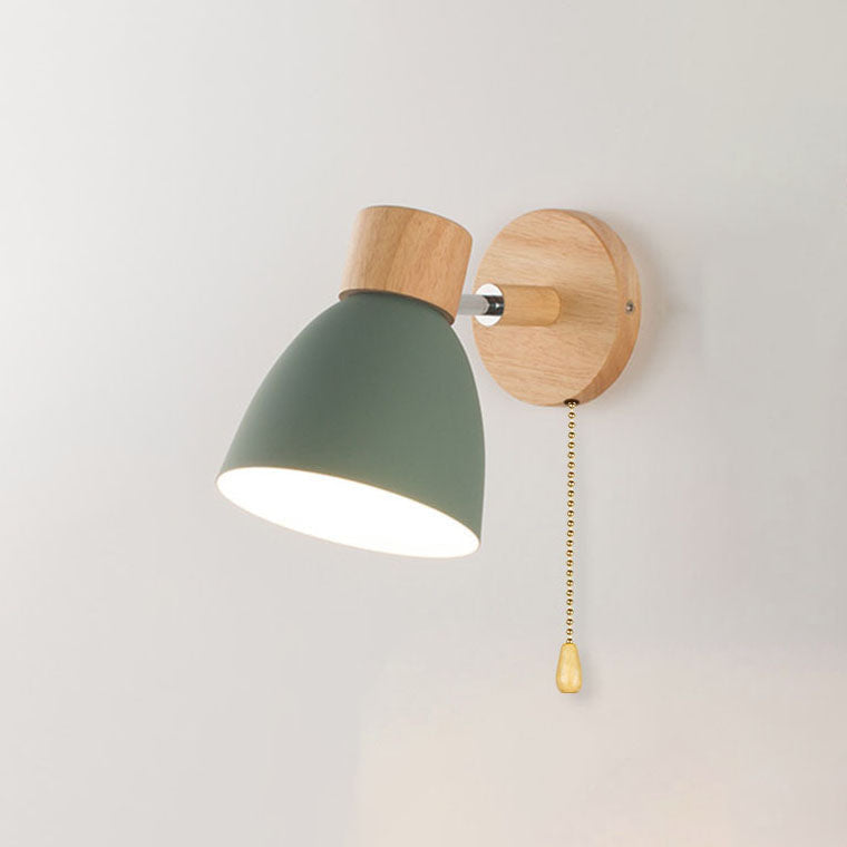 Macaron Wall Lamp Wood Metal Adjustable Shade Pull-Chain Nordic Bedside Sconce Wall Light