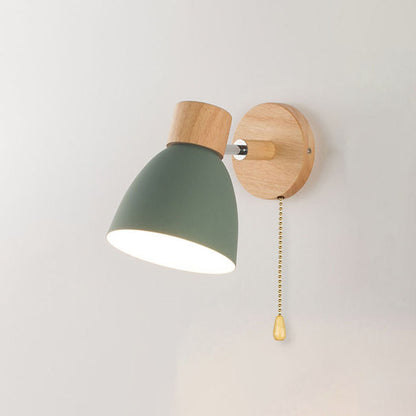 Macaron Wall Lamp Wood Metal Adjustable Shade Pull-Chain Nordic Bedside Sconce Wall Light