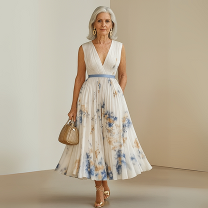 Elegant Floral Midi Dress for Women with V Neck Sleeveless Pleated Skirt Belted Waist Formal Style