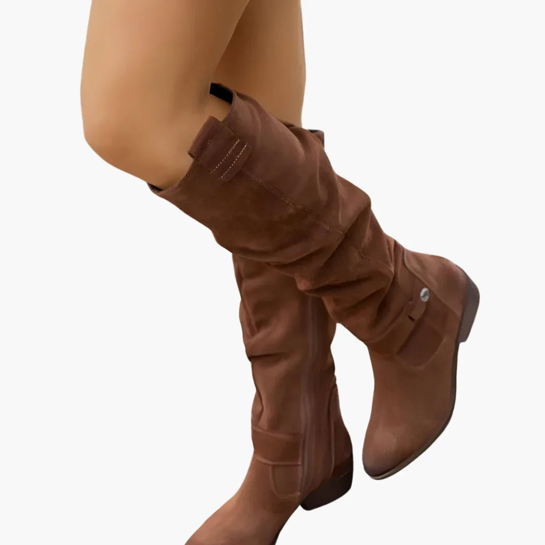 Chic Suede Knee High Boots for Women with Slouchy Shaft Side Zip Buckle Detail Casual Style