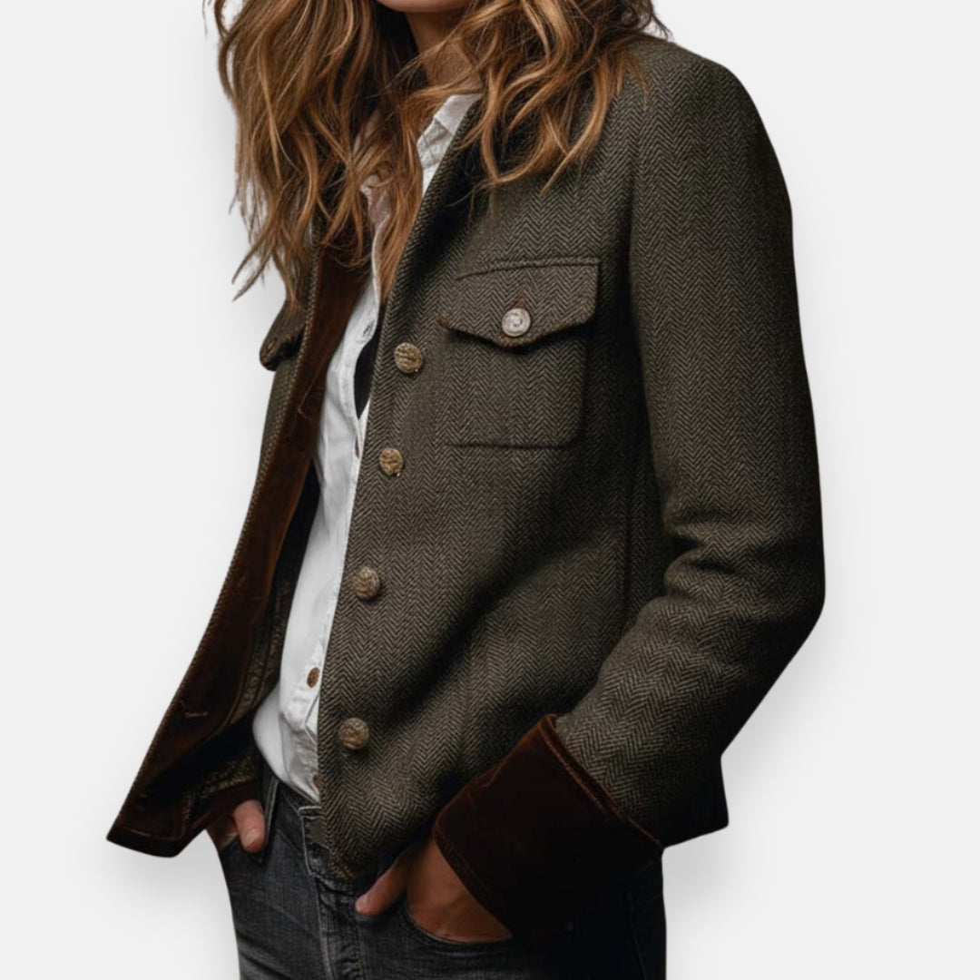 Elegant Olive Green Tweed Jacket for Women with Stand Collar Long Sleeve Suede Cuff Casual Style