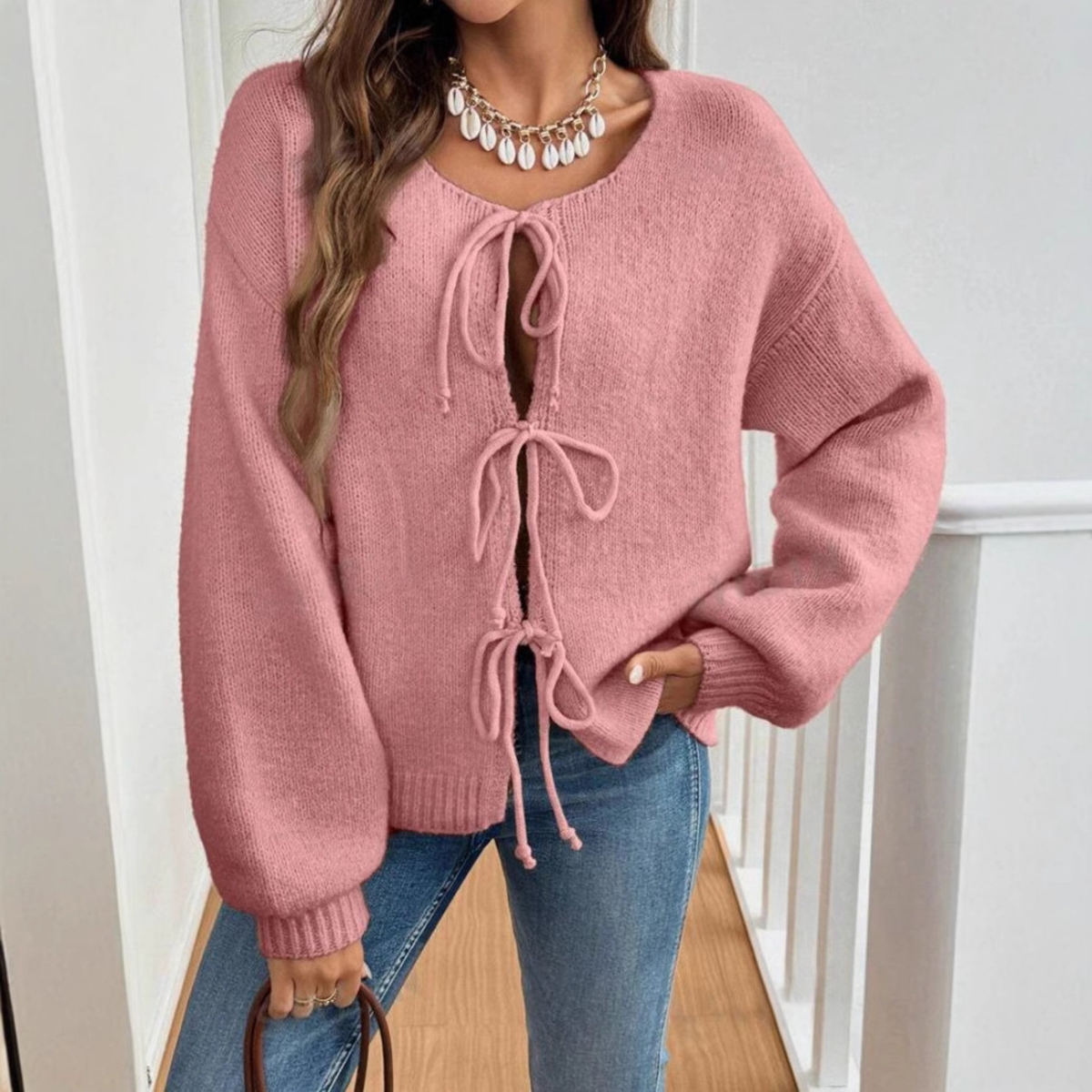 Cozy Knit Cardigan for Women with Round Neck Long Sleeve Tie Front Relaxed Style