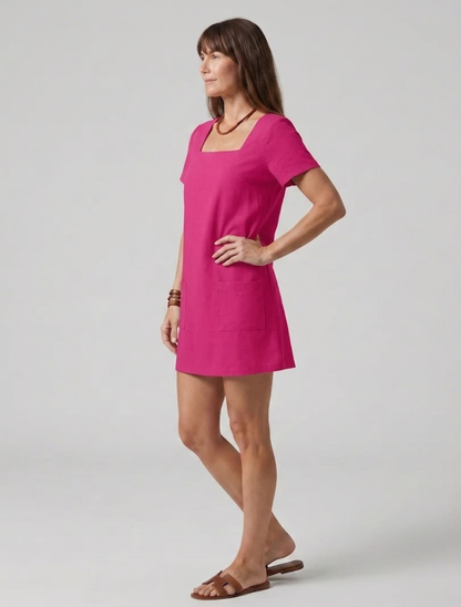 Elegant Pink Linen Mini Dress for Women with Square Neck Short Sleeve Patch Pocket Shift Style