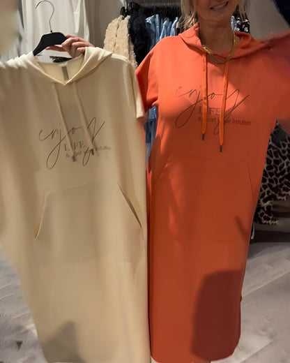 Comfortable Orange Hoodie Midi Dress for Women with Drawstring Hood Short Sleeve Kangaroo Pocket Relaxed Style