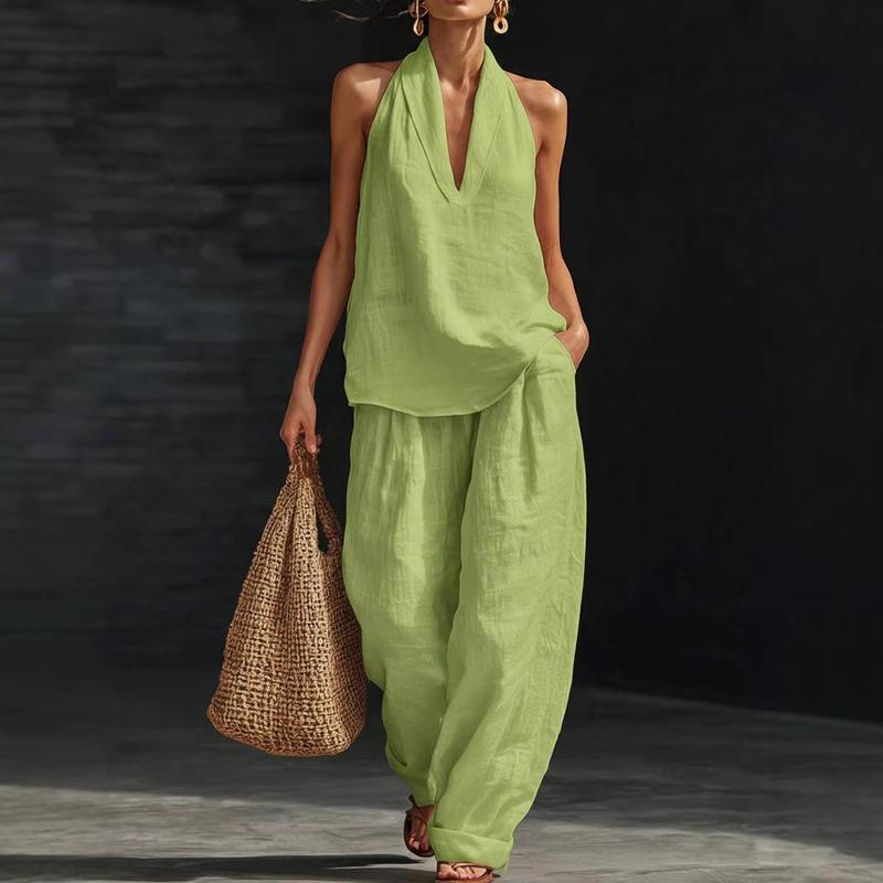 Effortless Linen Tank Top Wide Leg Pant Two Piece Set for Women with Halter Neck Relaxed Casual Style