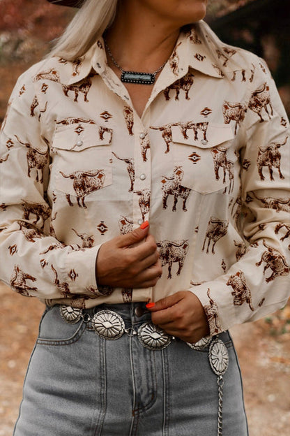Effortless Cream Longhorn Print Shirt for Women with Collar Long Sleeve Snap Button Western Style