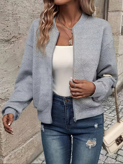 Effortless Quilted Bomber Jacket for Women with Crew Neck Long Sleeve Zip Front Cropped Casual Style