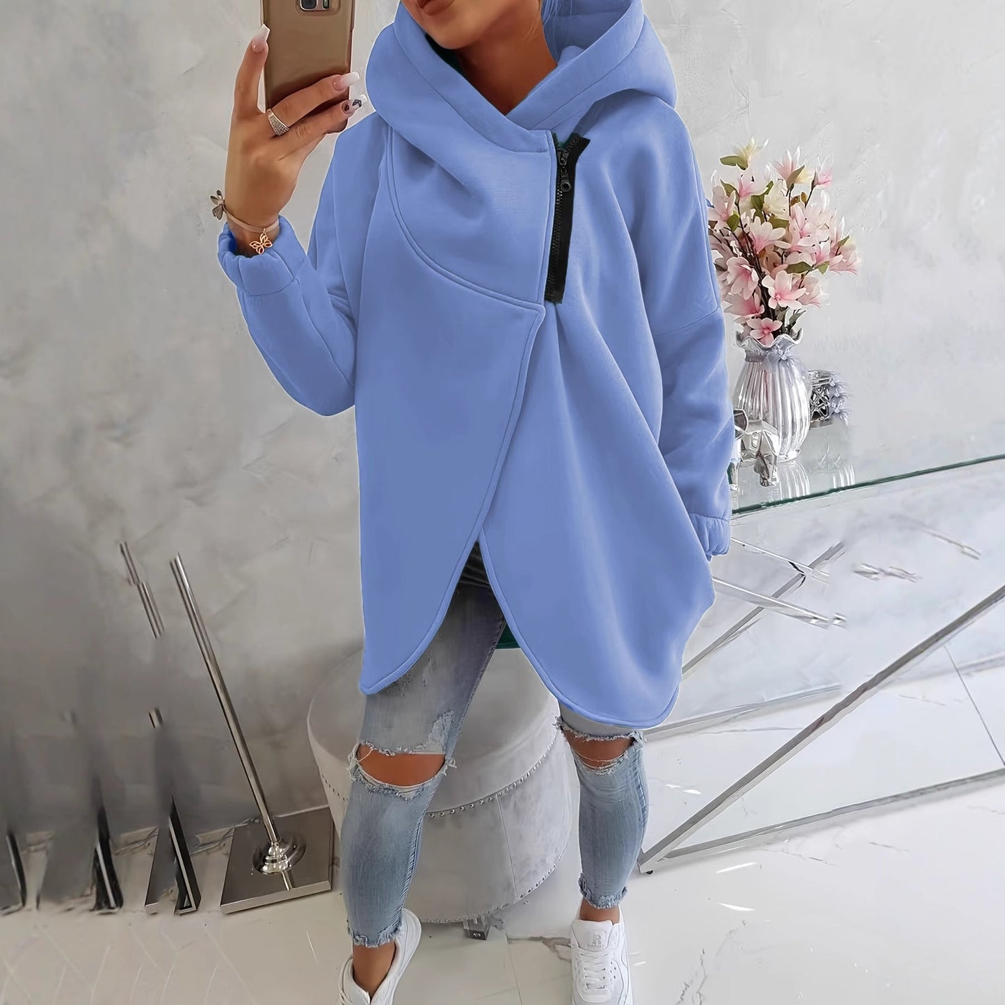 Effortless Fleece Hoodie for Women with Cowl Neck Long Sleeve Asymmetric Tulip Hem Relaxed Style