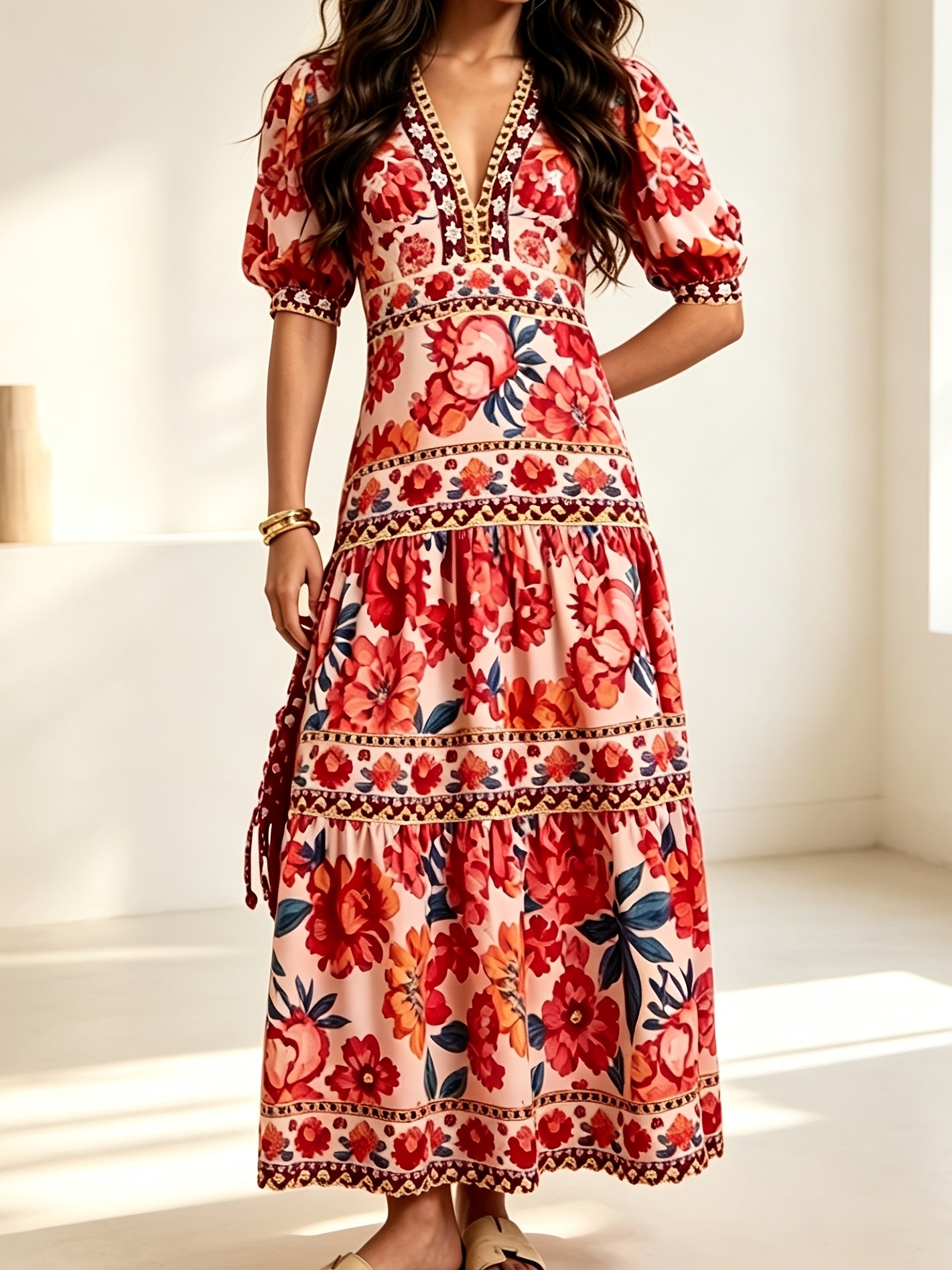 Effortless Floral Print Boho Dress for Women with V Neck Puff Sleeve Tiered Maxi Flowing Style