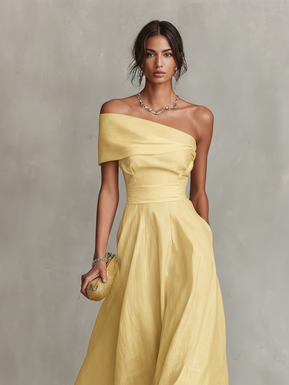 Elegant Yellow Linen Midi Dress for Women with One Shoulder Neckline Fitted Waist Formal Wedding Guest Style