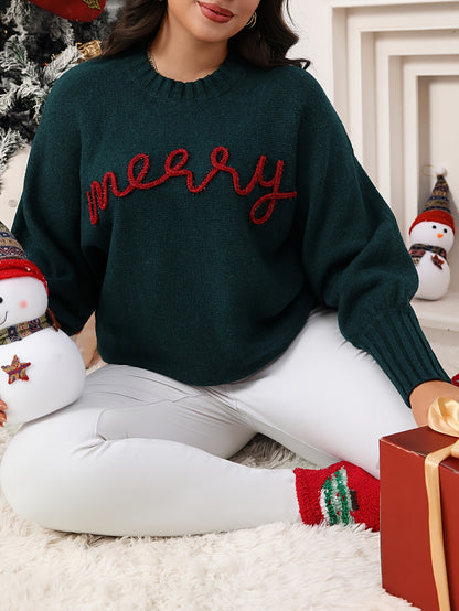 Cozy Green Merry Letter Christmas Tacky Sweater for Women with Crew Neck Long Sleeve Knit Pullover Holiday Style
