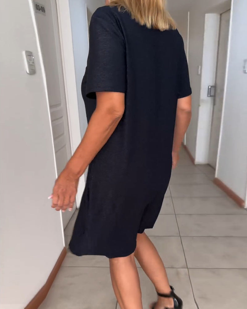 Elegant Little Black Dress for Women with V Neck Short Sleeve Twist Front Relaxed Shift Style