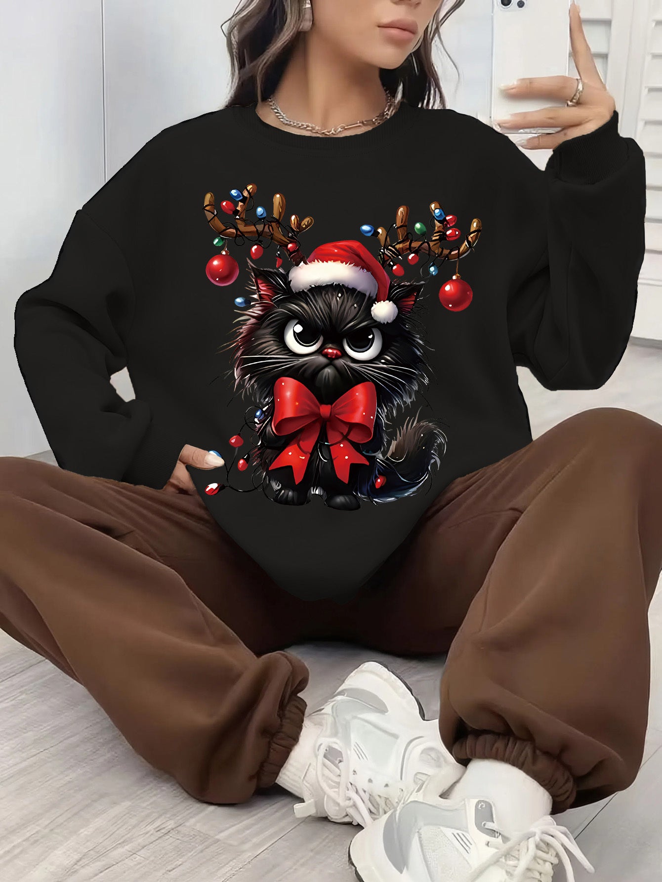 Comfortable Christmas Tacky Sweater for Women with Crew Neck Long Sleeve Cat Graphic Oversized Knit Style